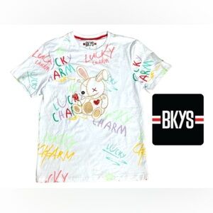 BKYS Lucky Charm Doodle T-Shirt White Streetwear Mens Small Embroidered Graphic